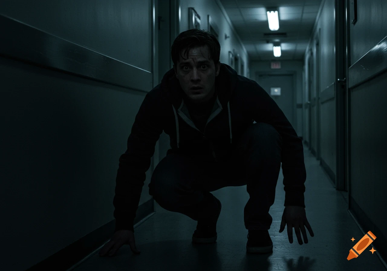 A scared young man crouches low in a dark, dimly lit hallway, looking forward with wide eyes. Photorealistic.