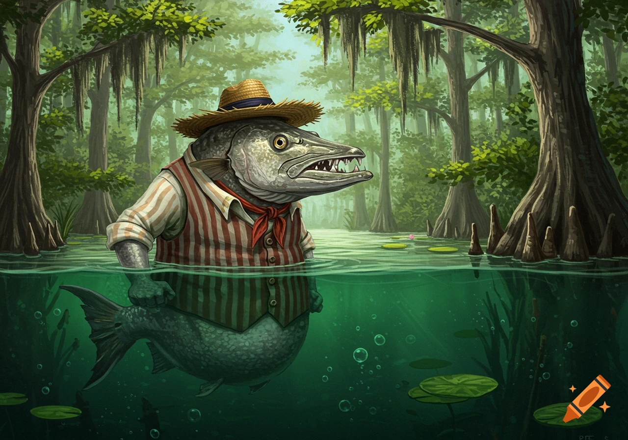 An illustrative image of a barracuda-like fish wearing a straw hat and a striped vest, standing in murky swamp water.