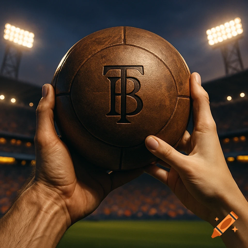 Hands hold an antique leather football with 'TB' monogram in a floodlit stadium at night.