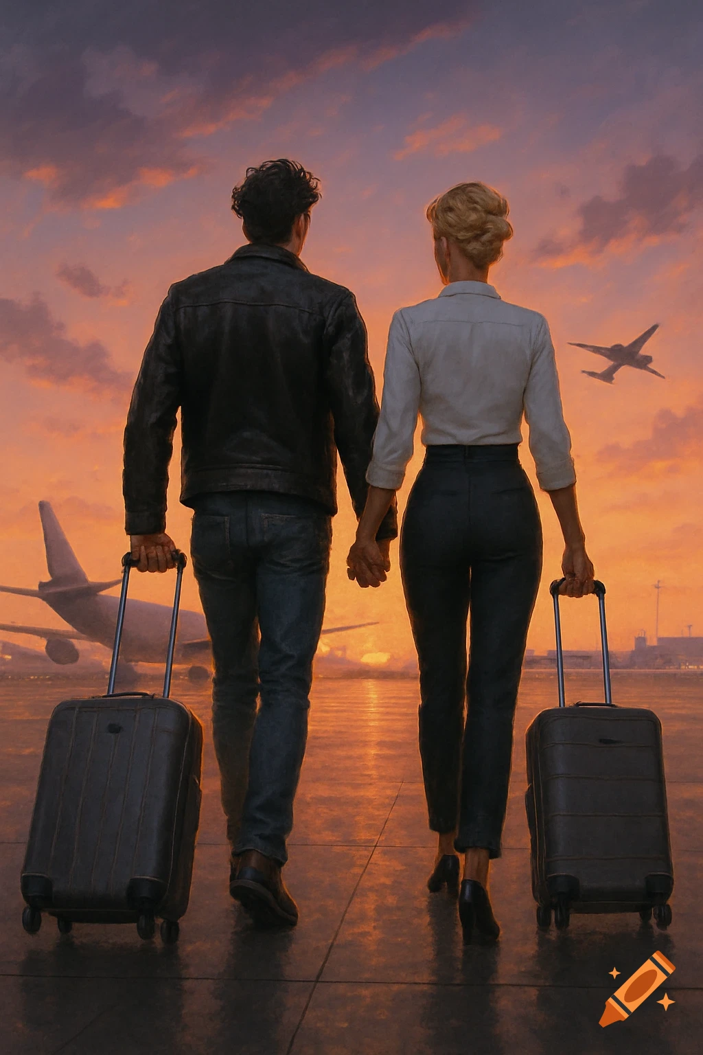 A couple holding hands and pulling luggage walk across an airport tarmac towards planes at sunset, from a rear view.
