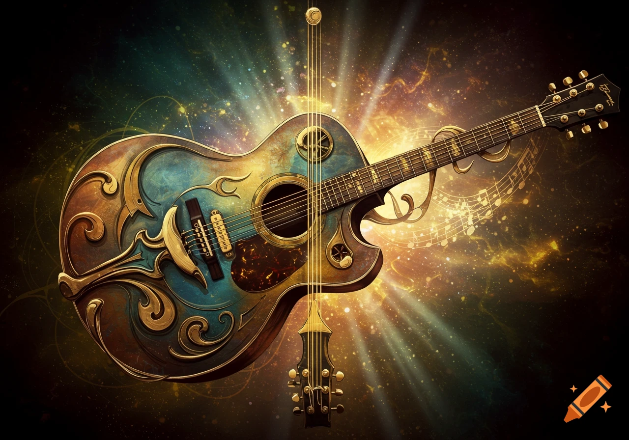 An ornate, decorative acoustic guitar with gold and teal accents, glowing against a cosmic background with light rays and stars.
