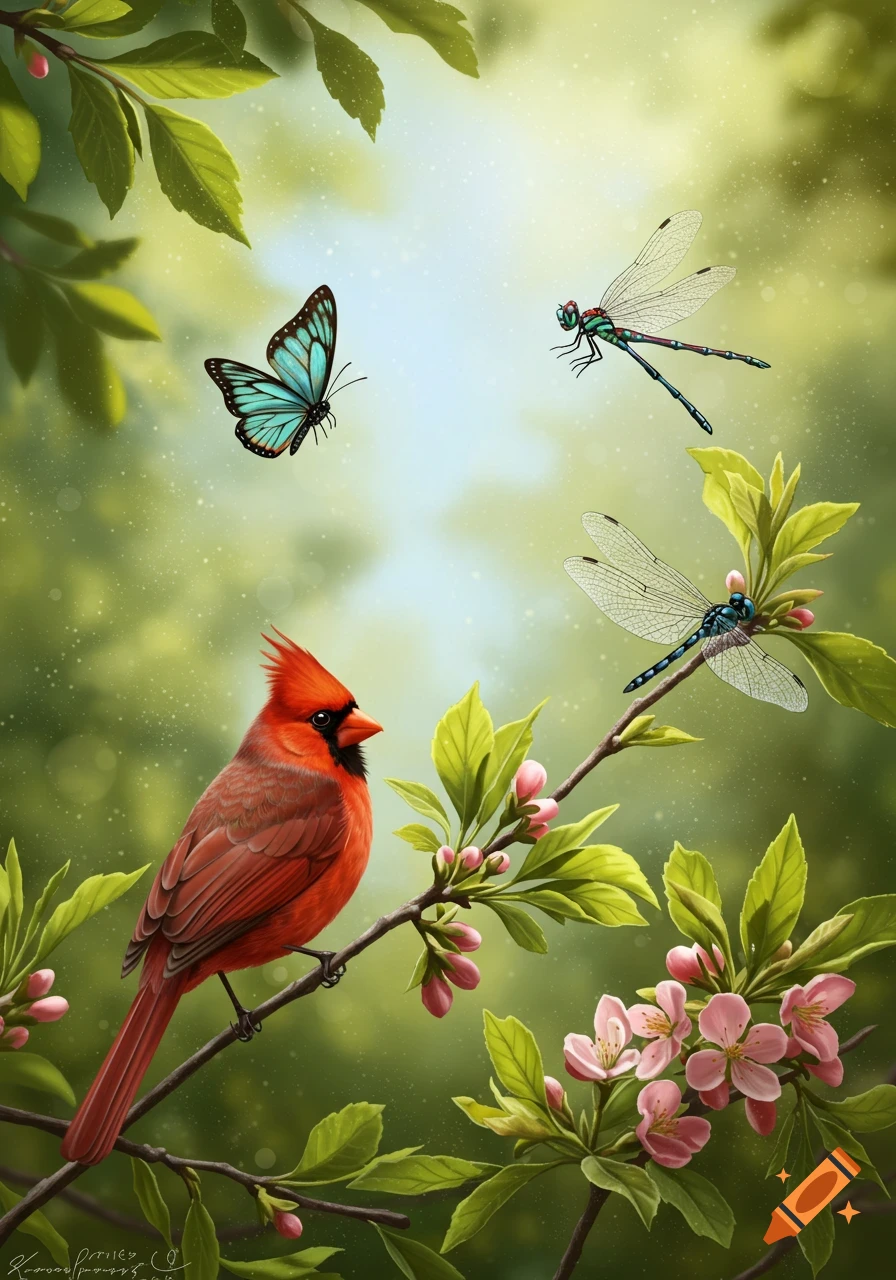 A vibrant red cardinal perched on a flowering branch with a blue butterfly and two dragonflies in a lush, sunlit garden.