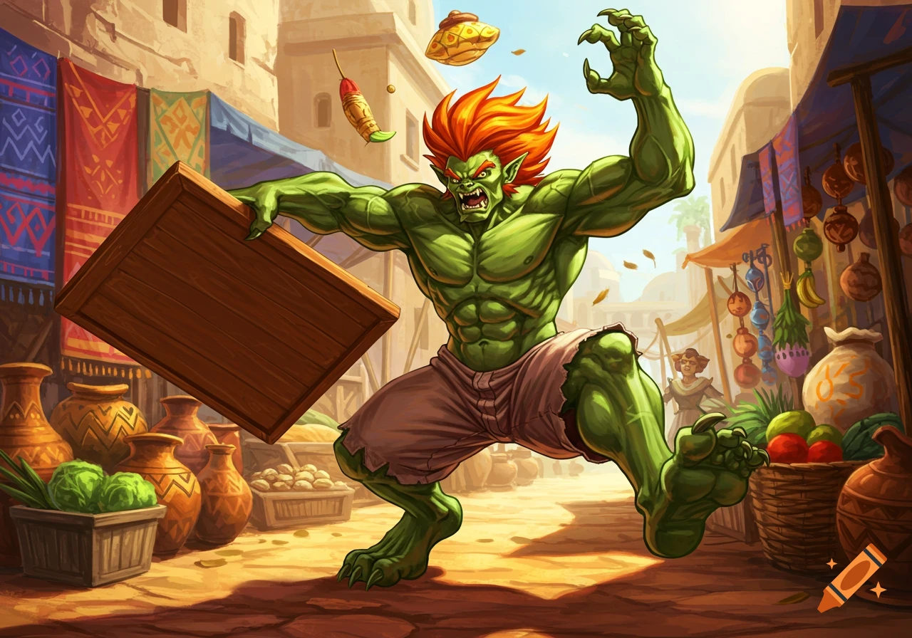 Green-skinned, orange-haired beastman resembling Blanka flipping a wooden table in a bustling, sunny market street.