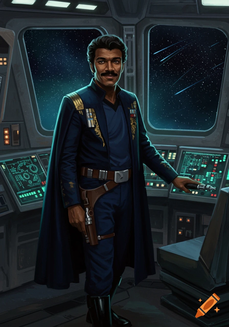 Illustration of Lando Calrissian in a dark blue uniform and cape, standing in a spaceship cockpit with views of stars.