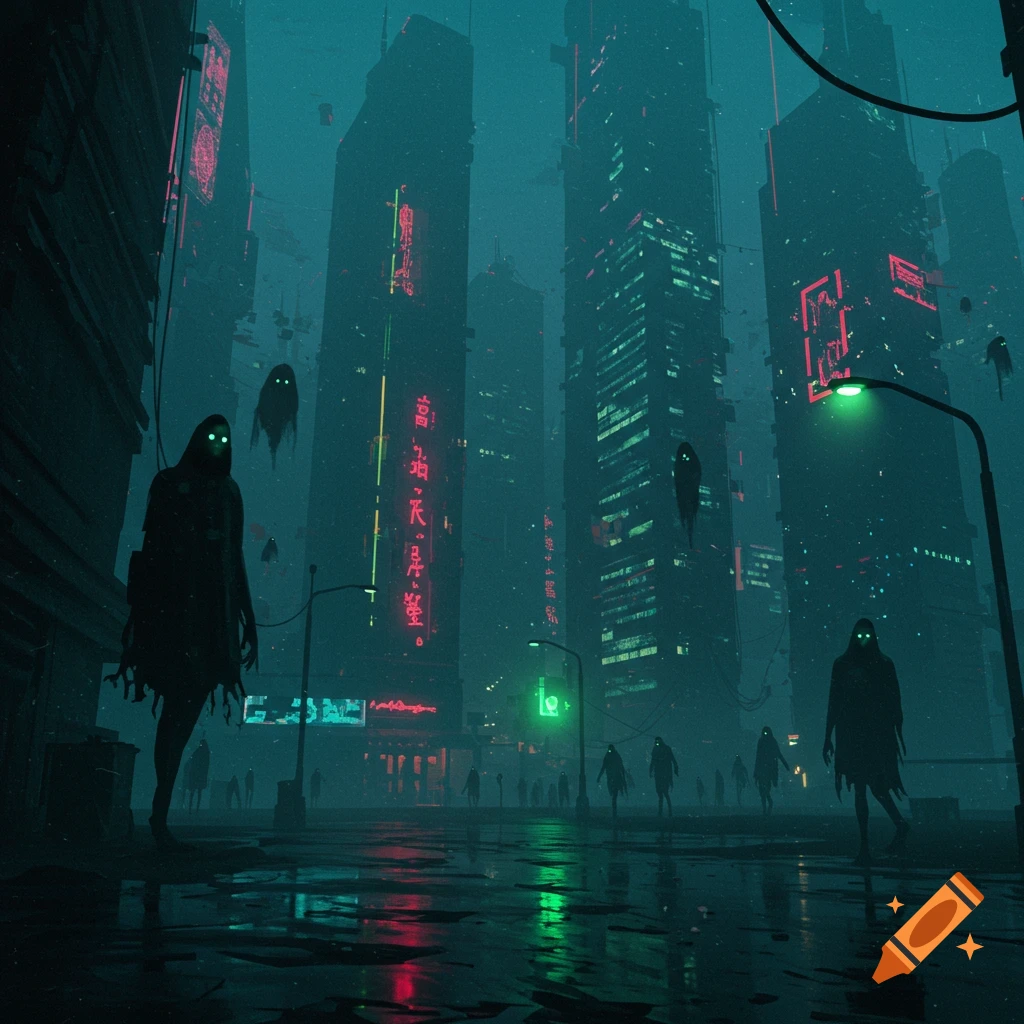 Dark, misty cyberpunk city at night with cloaked figures with glowing eyes on a wet street, surrounded by neon-lit skyscrapers and floating spectral entities.