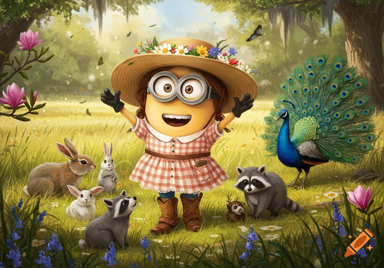 A cheerful female Minion in a straw hat, plaid dress, and boots stands in a sunny field with rabbits, raccoons, and a peacock.