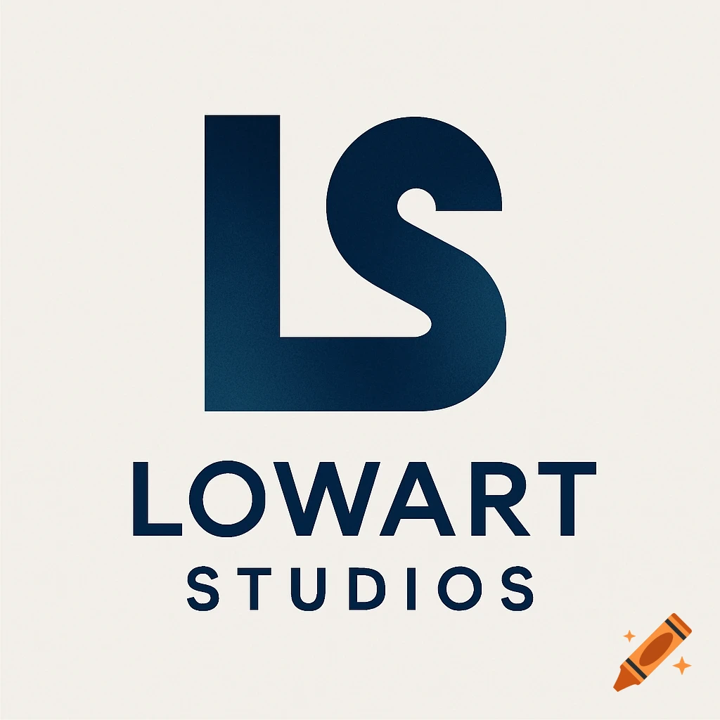 A minimalistic logo with a large dark blue LS monogram above the words LOWART STUDIOS on a light background.