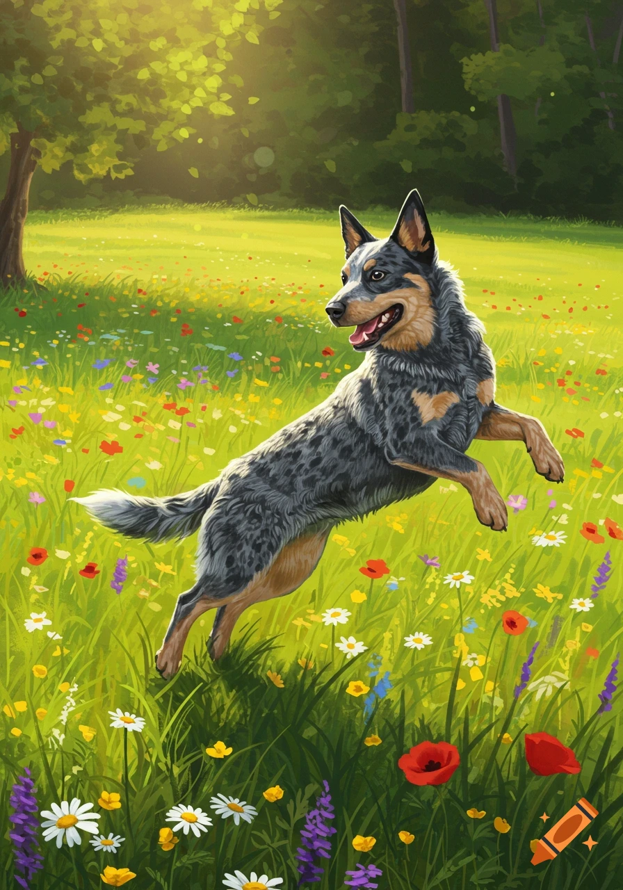 A blue heeler dog leaps through a vibrant field of wildflowers under a sunny sky in an illustration style.