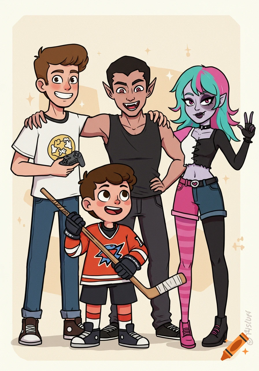 A colorful cartoon illustration of four friends smiling: a boy with a video game controller, a vampire, a girl with pink and aqua hair, and a boy holding a hockey stick.