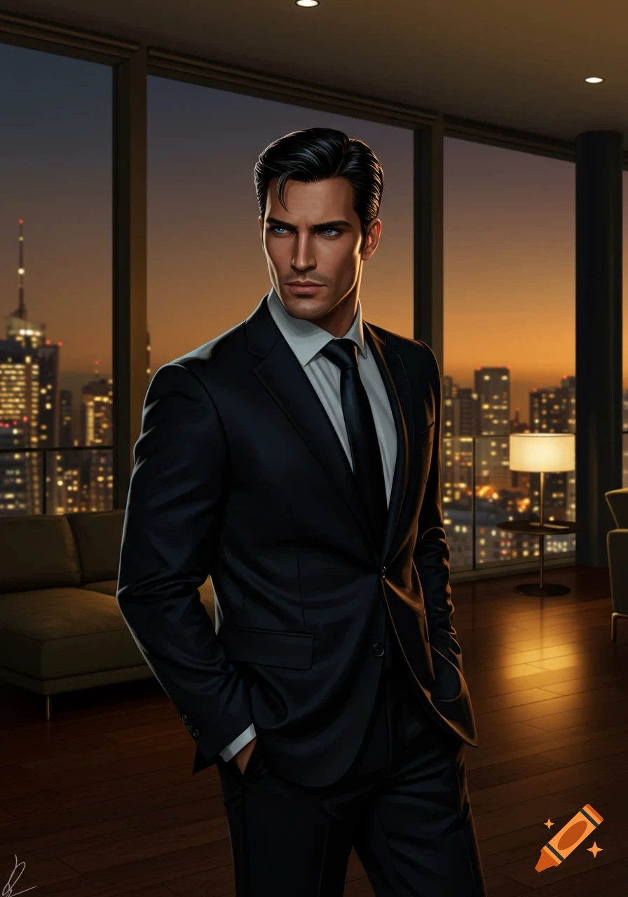 Handsome man in a black suit stands in a modern high-rise room with a city skyline at sunset, looking to the right.