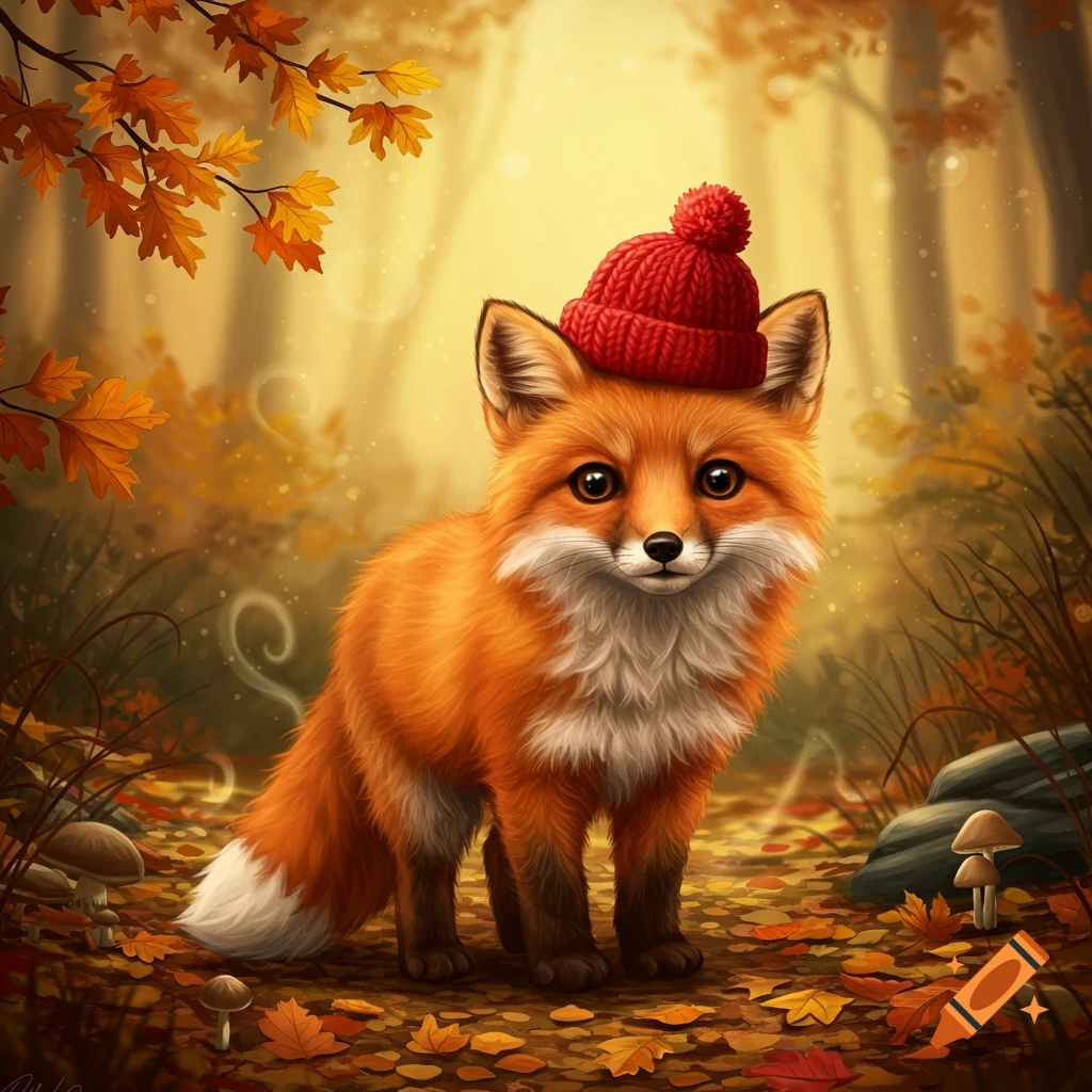 A cute orange fox wearing a red knitted hat stands in an autumn forest with fallen leaves and mushrooms.
