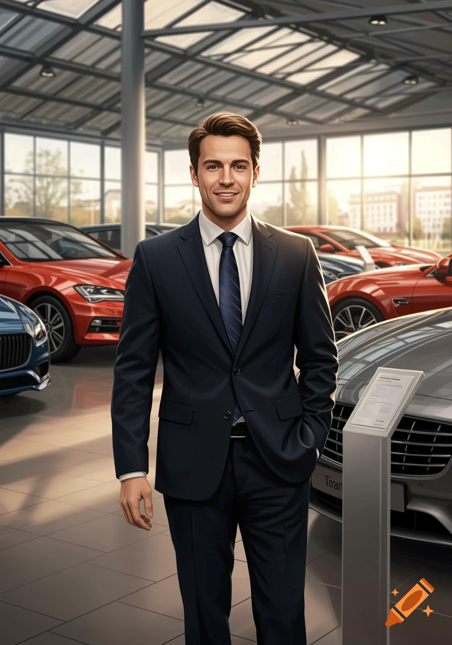 A smiling Caucasian male salesman in a dark suit and tie stands in a brightly lit car dealership, surrounded by red and grey cars.