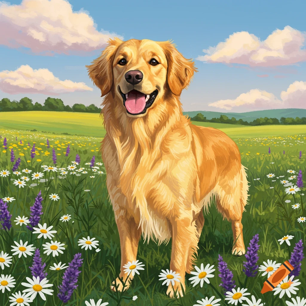 A happy golden retriever stands in a vibrant field of white daisies and purple lavender under a blue sky.