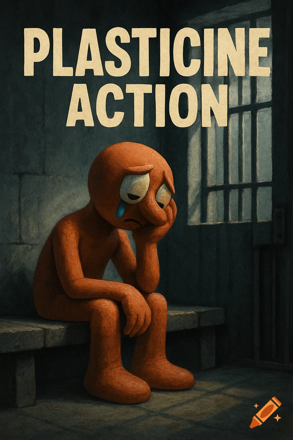 A sad, orange plasticine figure with a tear on its cheek sits on a bench in a jail cell. Text above reads "PLASTICINE ACTION."