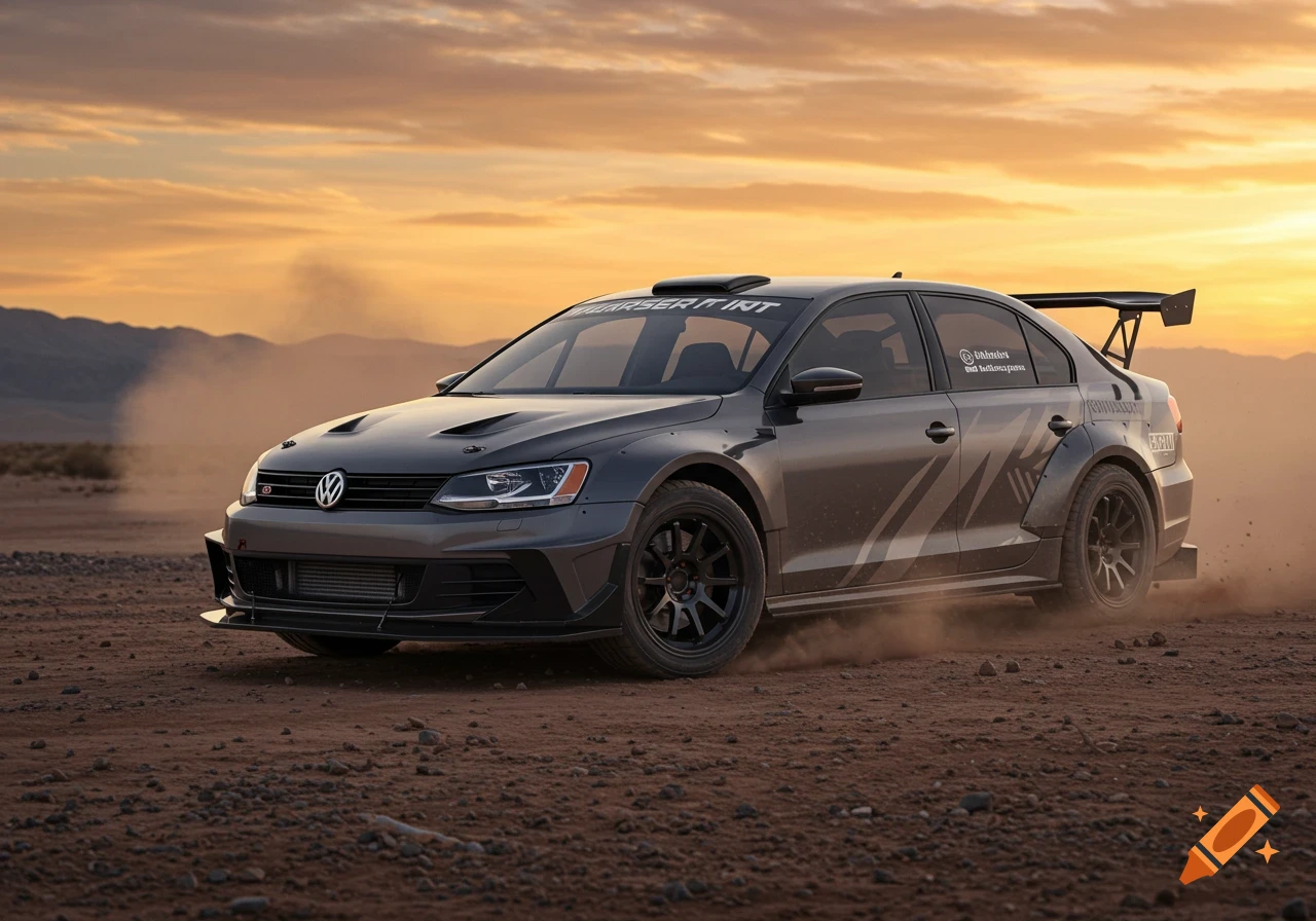 A modified gray Volkswagen Jetta rally car kicks up dust on a dirt road in a desert at sunset.