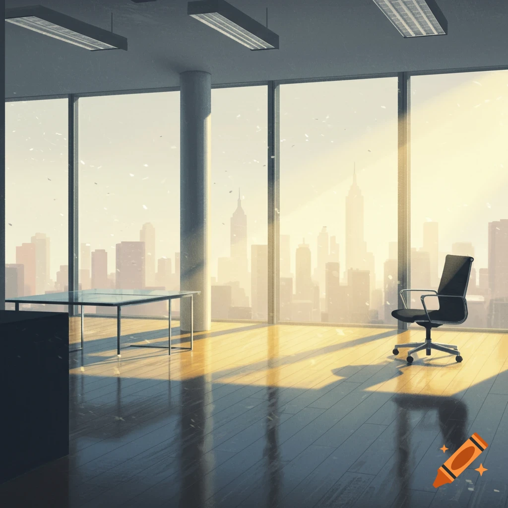 An empty modern office with large windows overlooking a city skyline, bathed in sunlight.