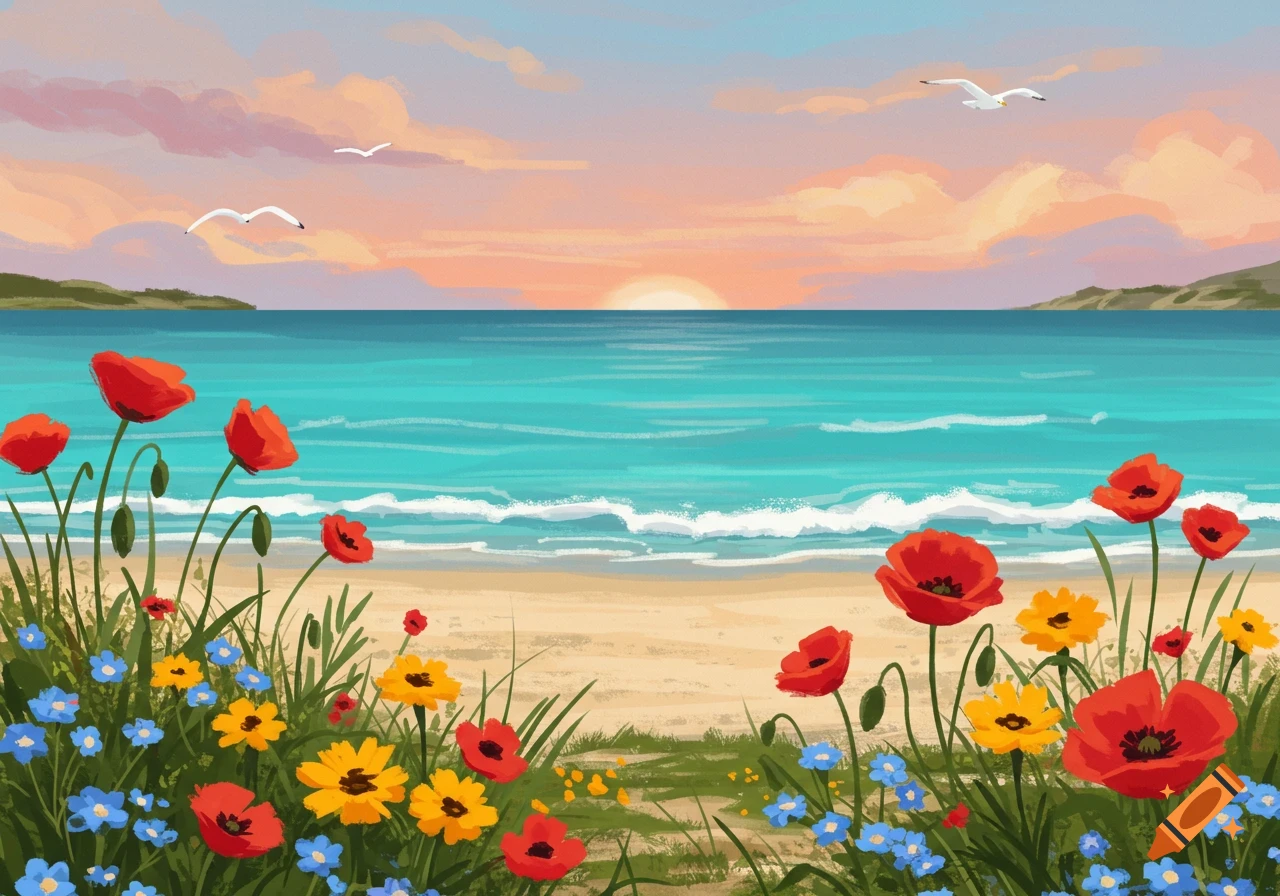 A colorful drawing of red and yellow flowers blooming on a sandy beach at sunset, with blue ocean waves and gulls flying.