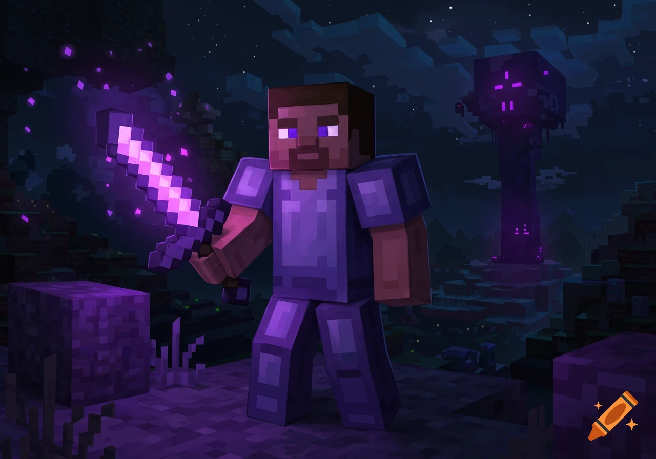 Minecraft's Steve in purple armor holds a glowing purple sword in a dark, blocky landscape with a large purple structure.