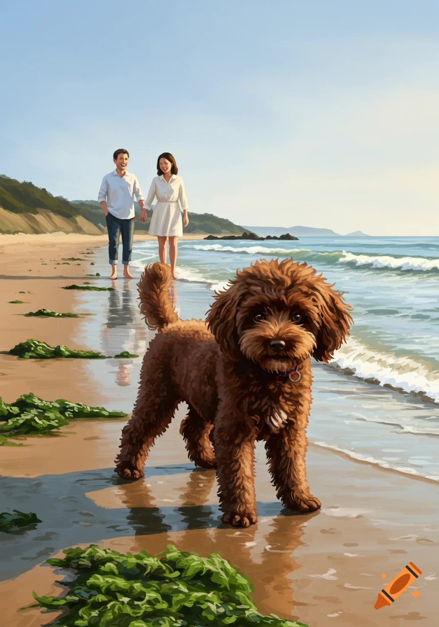 A chocolate brown toy poodle stands on a sunny beach, with a smiling couple holding hands and walking in the background by the ocean.