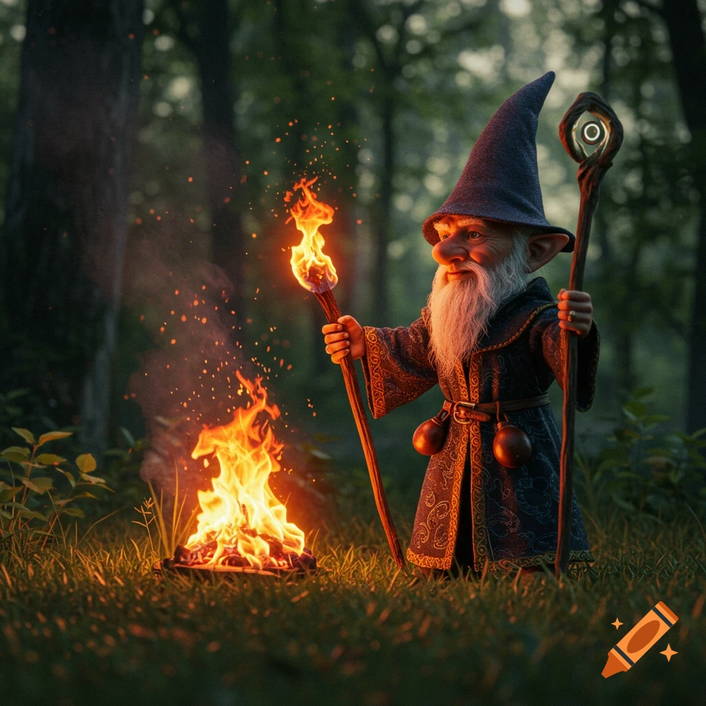 A photorealistic image of an old gnome wizard with a long white beard, standing in a dark forest by a campfire, holding a burning torch and a glowing staff.