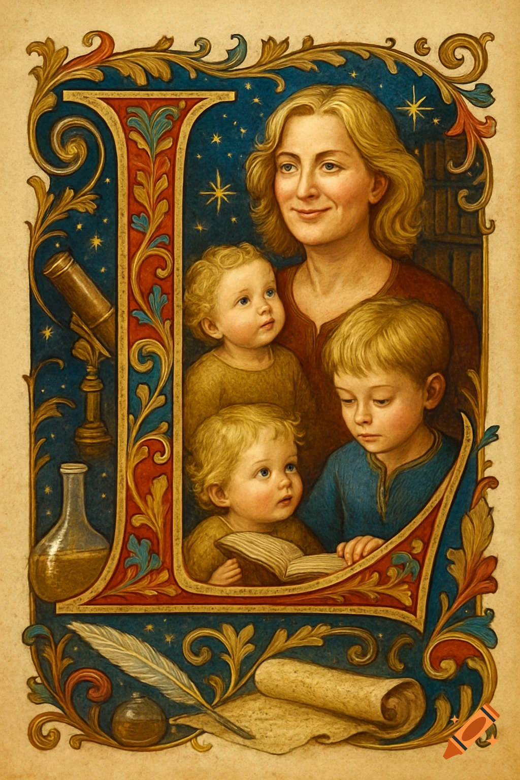 A medieval illuminated manuscript initial 'L' features a woman, three children, a telescope, and a quill.