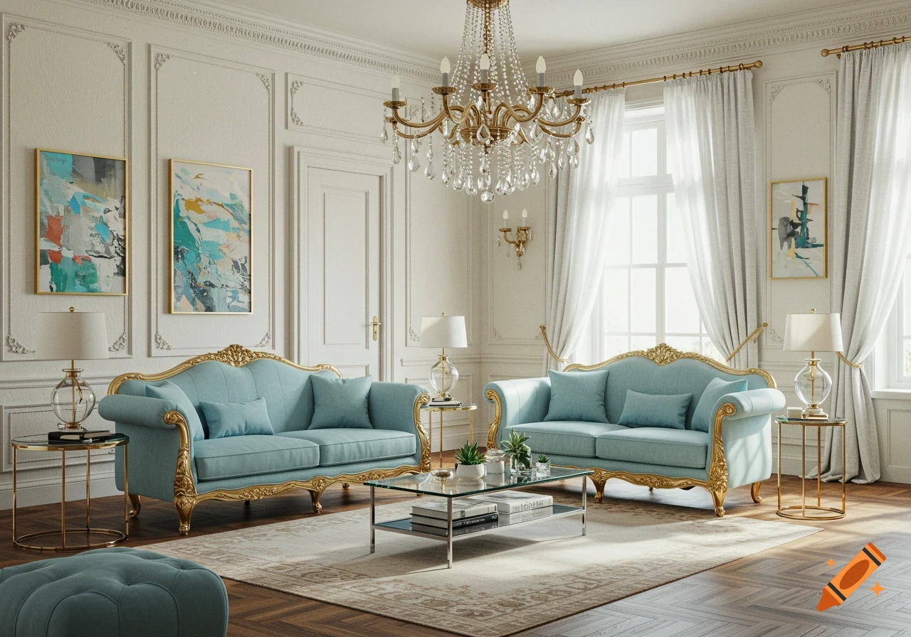 A luxurious living room features two light blue Victorian-style sofas with gold accents, a crystal chandelier, and ornate white walls.
