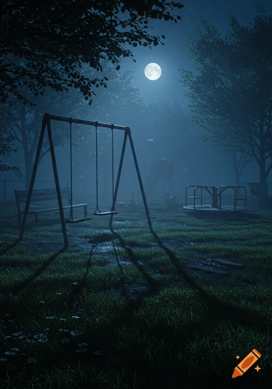 A moody, photorealistic scene of an empty playground at night under a full moon, with a swing set in the foreground.