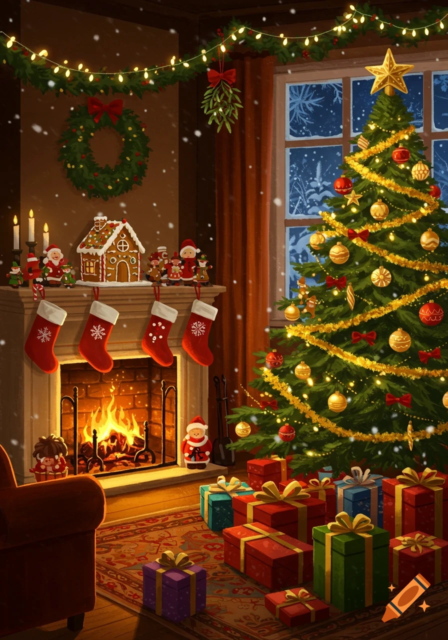 A cozy, illustrated Christmas living room with a decorated tree, fireplace, stockings, and presents, with snow falling outside the window.