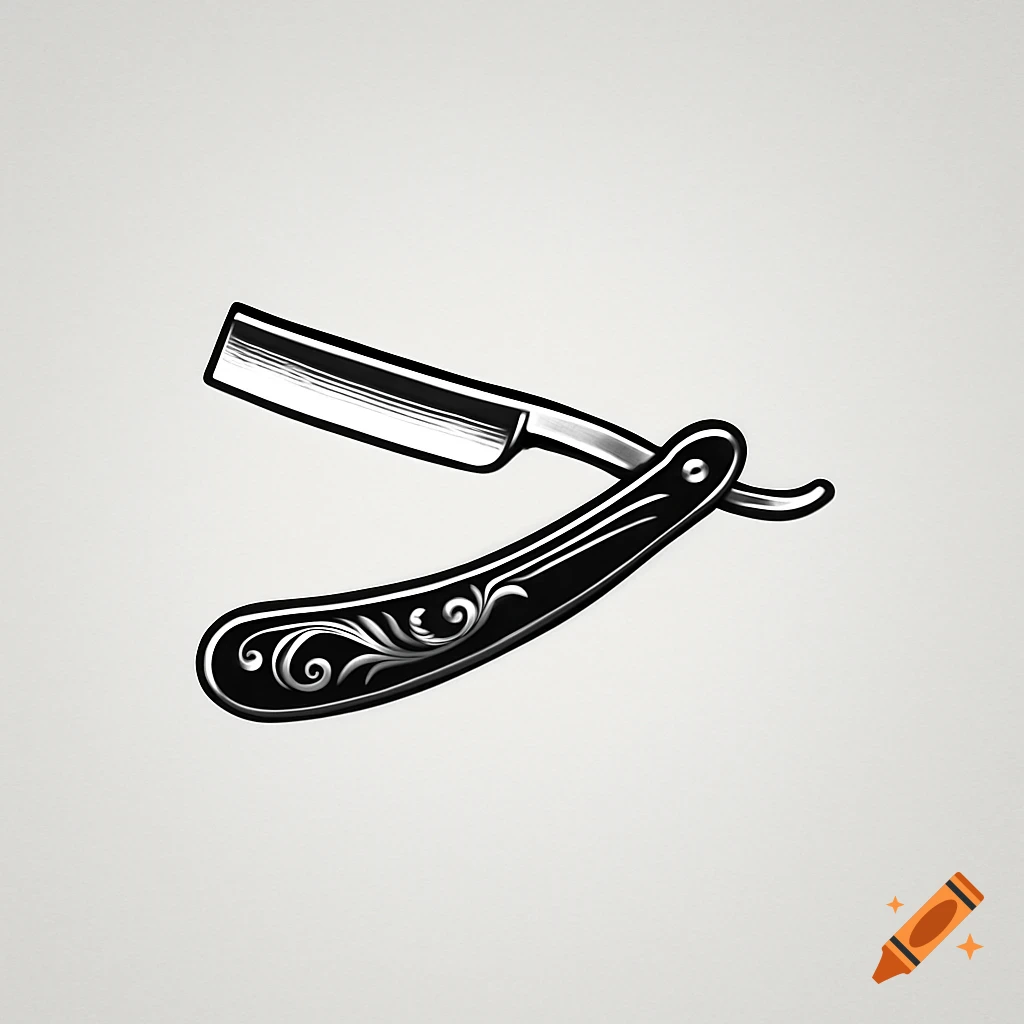 A black and white stylized illustration of an open straight razor with an ornate handle.