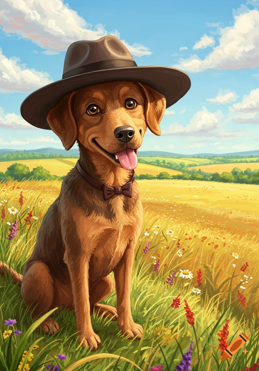 A smiling brown dog with a hat and bow tie sits in a sunny field of wildflowers, in a painted style.