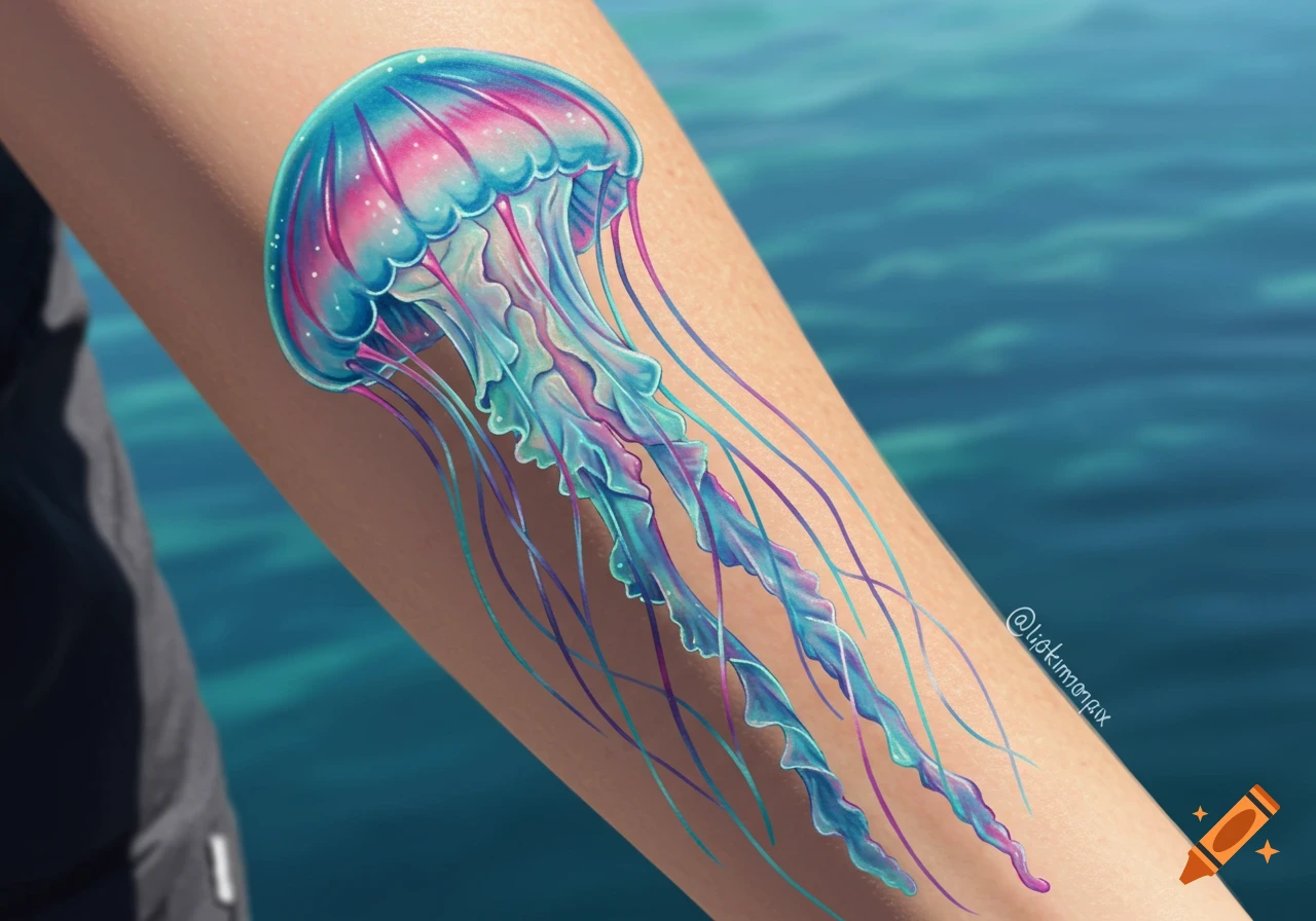 A vibrant, colorful jellyfish tattoo in pink and blue on a person's forearm against a blurry blue water background.
