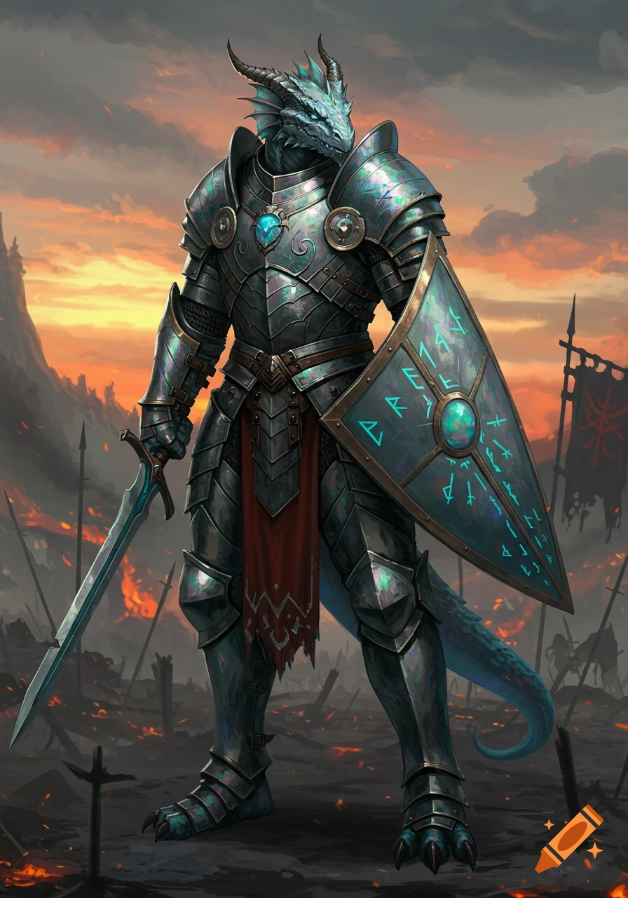 A formidable opal-colored dragonborn warrior in gleaming steel armor with a sword and shield stands on an ashen battlefield under a fiery sky.