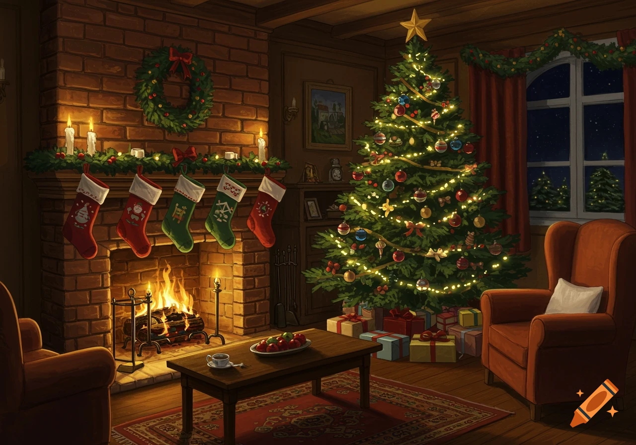 A cozy, cartoonish Christmas living room with a lit tree, fireplace with stockings, and gifts in a storybook illustration style.