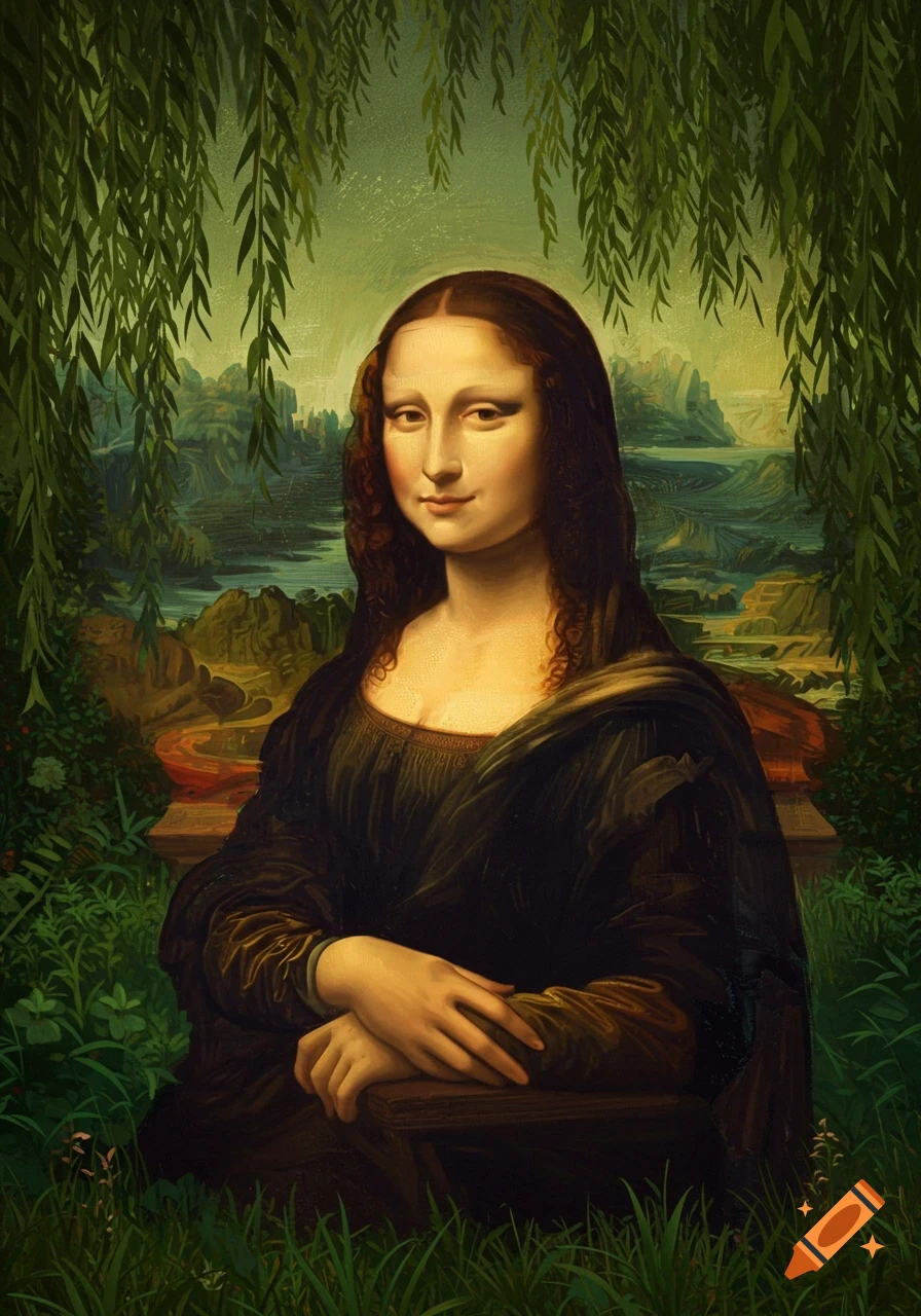 A digital painting of the Mona Lisa sitting outdoors amidst lush green foliage, with willow branches, a river, and mountains in the background.