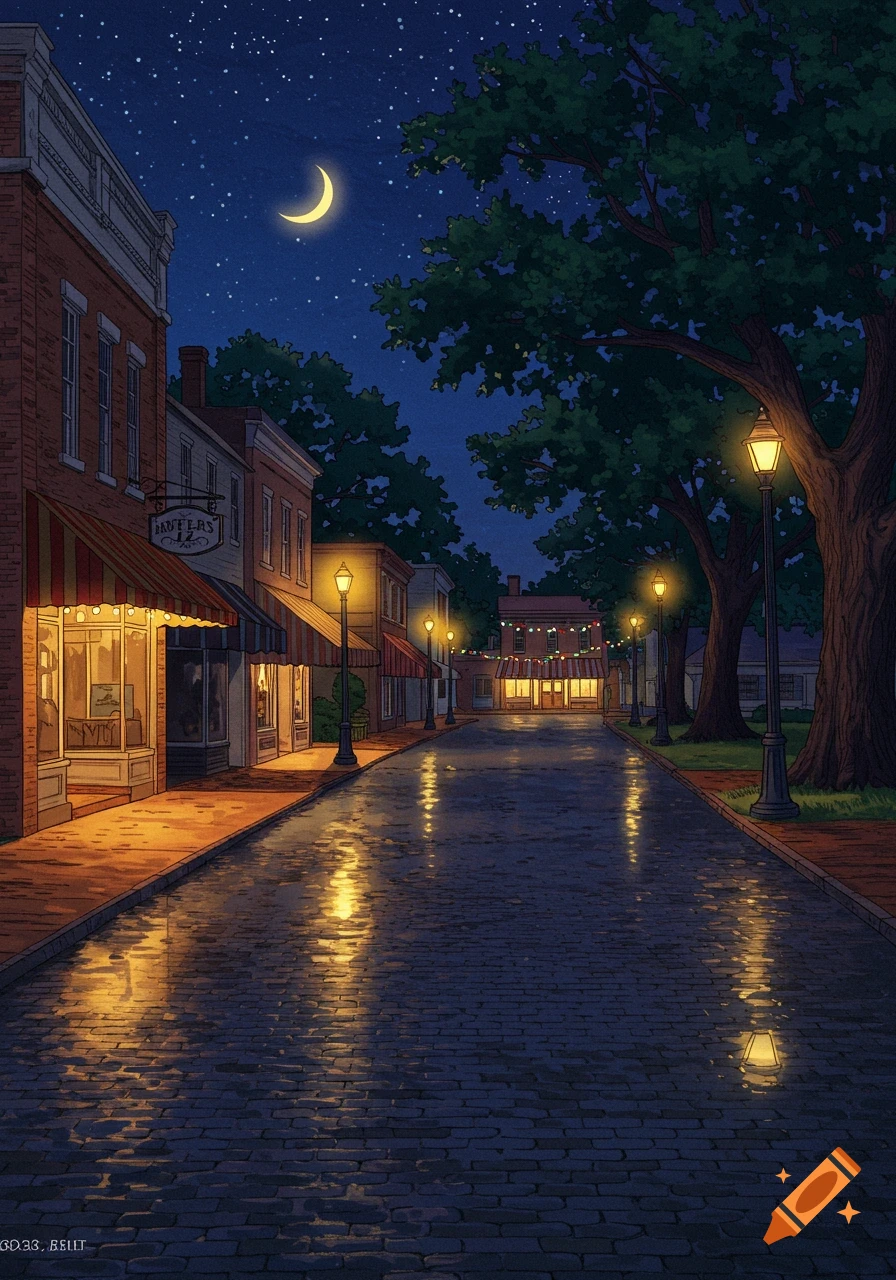 A quiet, moonlit cobblestone street lined with charming brick buildings and trees at night, with warm light reflecting on the wet ground.