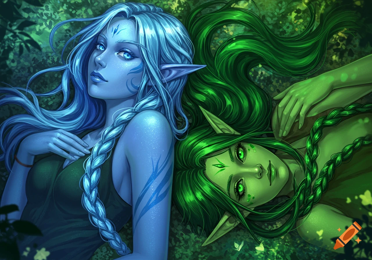 Two anime-styled female elves, one blue and one green, with braids, lay among forest leaves.