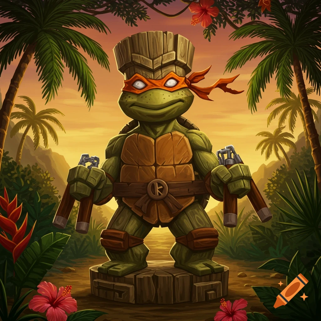 A cartoon tiki statue of Michelangelo from Teenage Mutant Ninja Turtles, holding nunchaku, stands in a tropical jungle at sunset.
