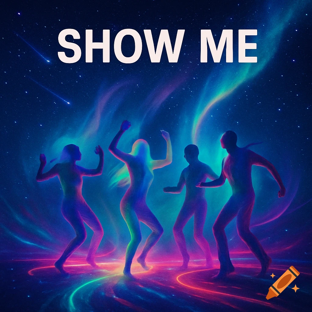 Four glowing, neon-colored figures dance against a dark, star-filled cosmic background with aurora-like lights. The text 'SHOW ME' is at the top.