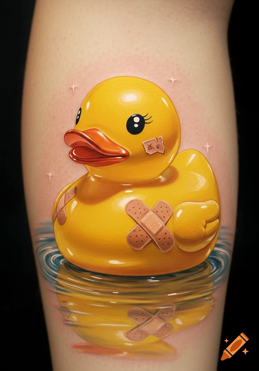 A colorful, realistic tattoo of a yellow rubber duck with bandaids floating in water, on a person's leg.