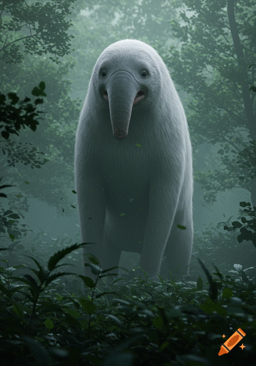 A large, furry, grey, elephant-like creature with a long snout stands in a misty forest.