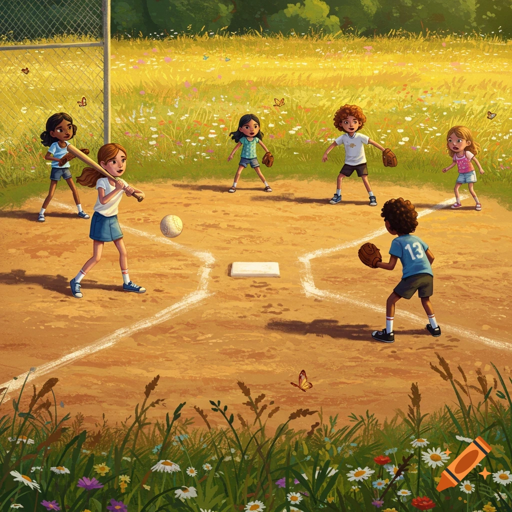 Illustrated scene of diverse children playing wiffle ball on a dusty field with wildflowers and butterflies under a warm, golden light.