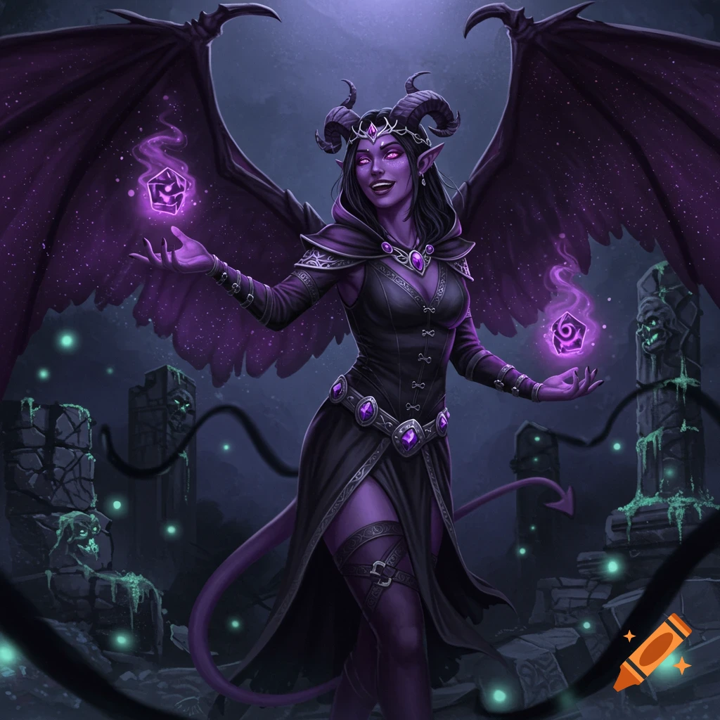 Smiling purple Tiefling sorceress with large wings and horns, wearing a dark dress, conjuring glowing cubes in a dark ruined setting.