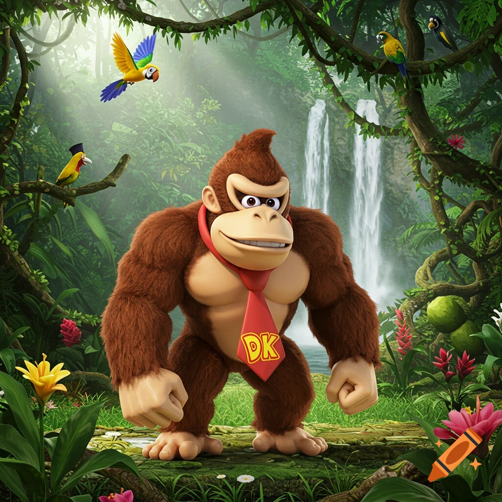 Photorealistic Donkey Kong in a vibrant jungle with waterfalls and colorful birds.