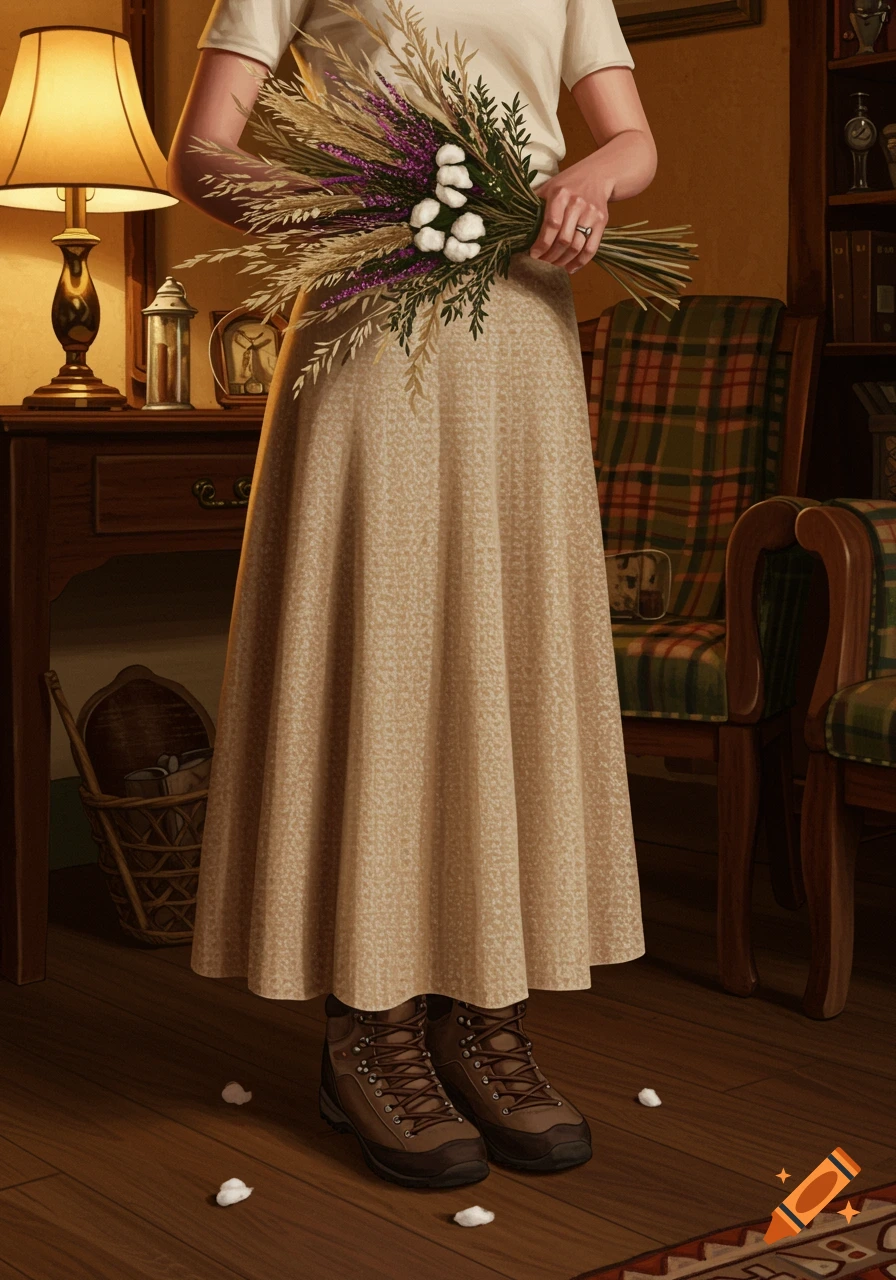 A person in a beige tweed-like skirt and hiking boots holds a rustic bouquet of dried oats, heather, and cotton in a cozy home interior.