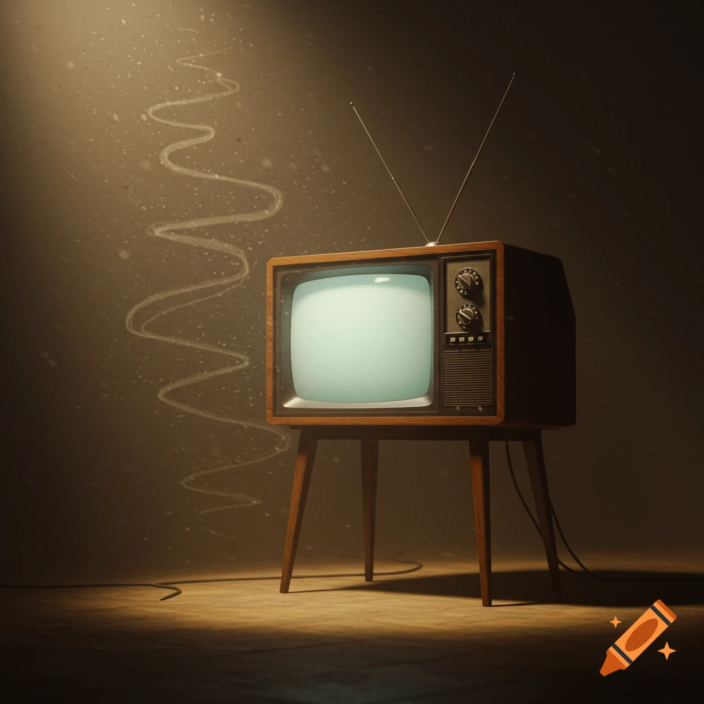 A vintage wooden television set with a blank screen and rabbit ears antenna sits on a stand in a dimly lit room, illuminated by a spotlight.