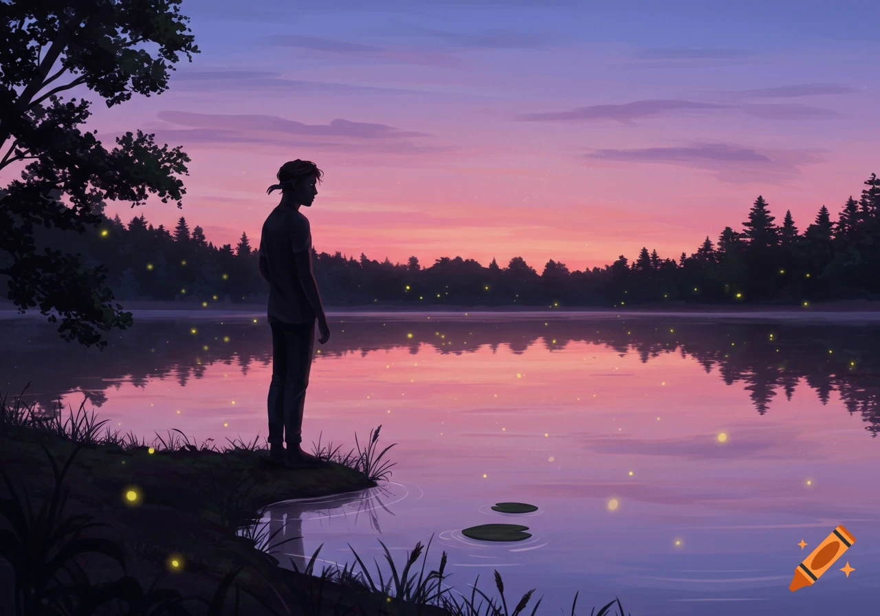 A lone figure stands on the shore of a glowing lake at sunset, surrounded by fireflies and trees in a digital art style.
