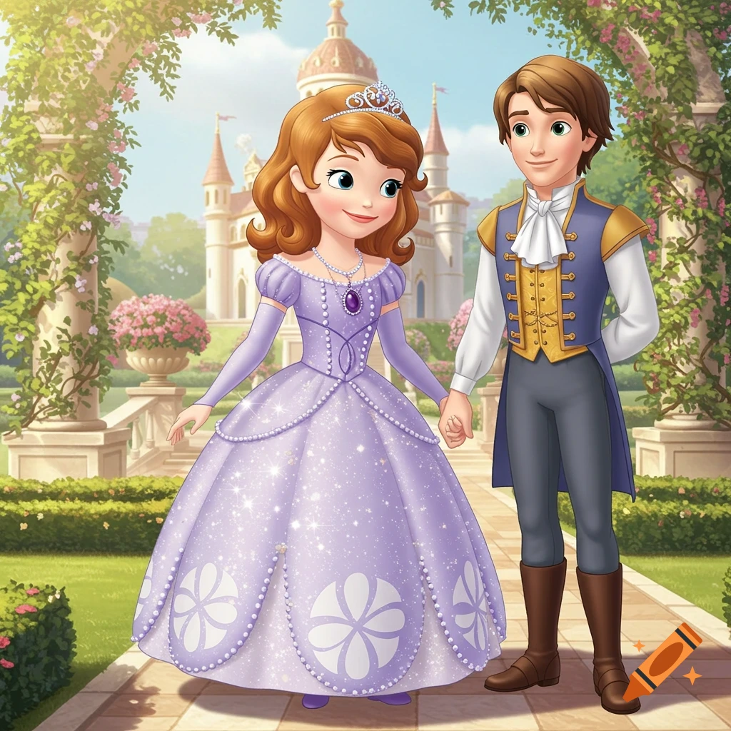 A young animated princess in a sparkly purple dress and a young prince in a blue and gold outfit hold hands in a royal garden with a castle in the background.