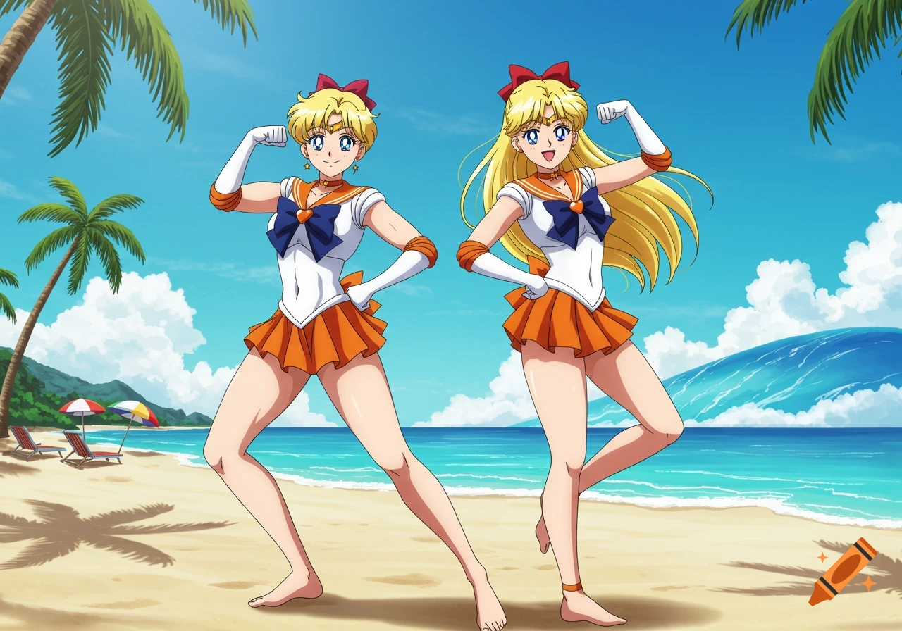 Two anime characters, one with short blonde hair and one with long blonde hair, resembling Sailor Venus, flex their muscles on a sunny beach.