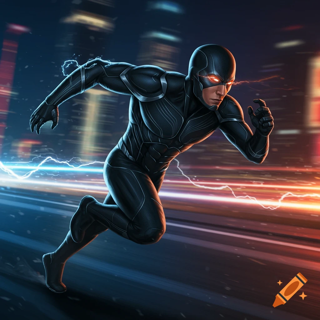 A superhero in a black suit with glowing red eyes runs at super speed, generating lightning trails against a blurred city night.