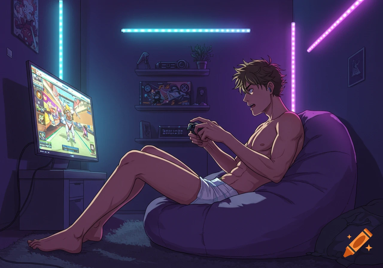 A young man, shirtless and in white underwear, sits on a purple bean bag chair, playing video games on a monitor in a dark room lit by blue and purple neon lights. Anime style.
